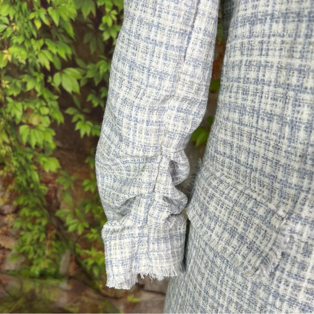 MAISON D'AMELIE PARIS Quiet Luxury Blue and White Tweed Plaid Fringed Jacket, 4 - Picture 3 of 13